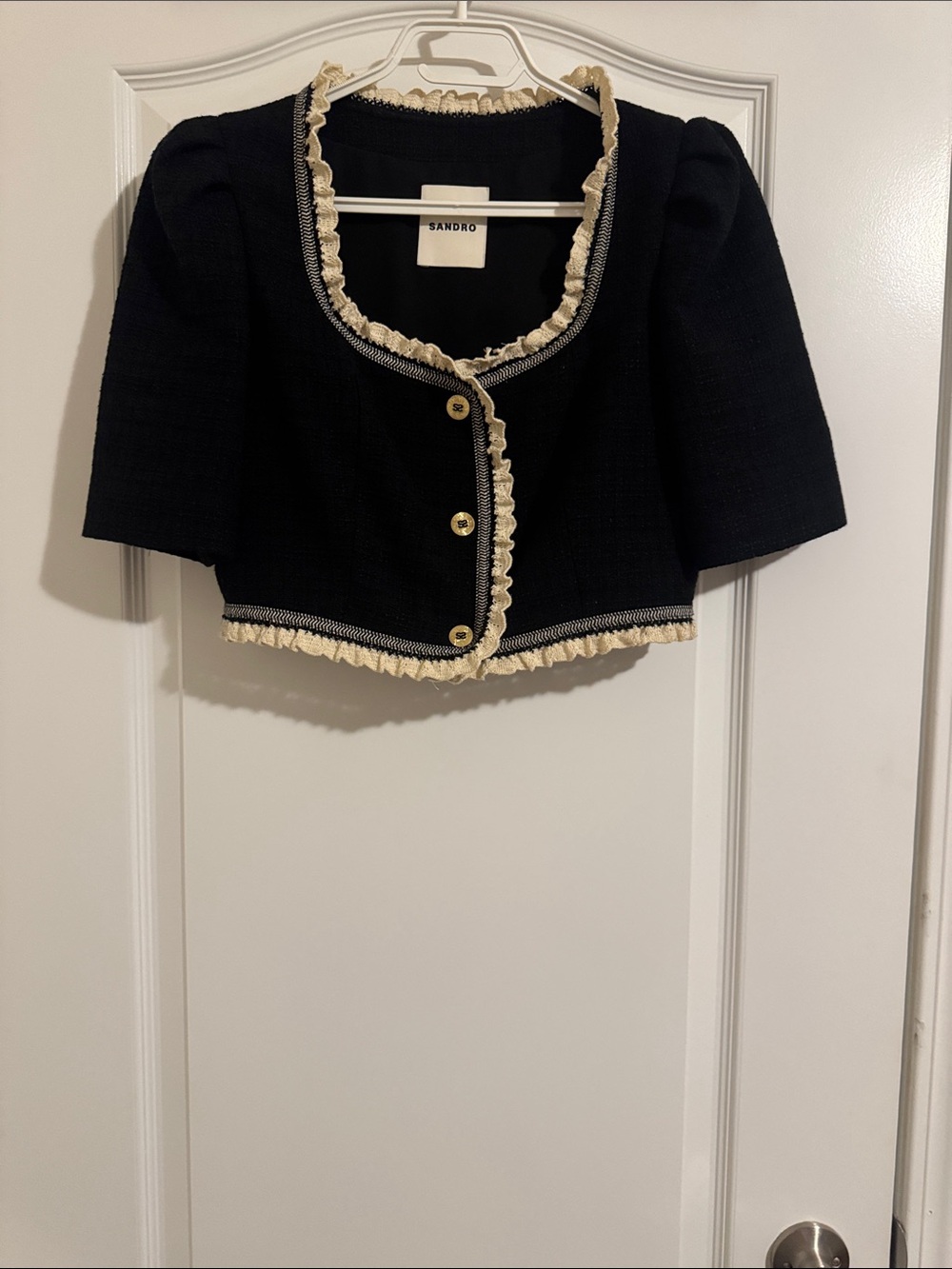 Sandro Ruffle-trimmed Cropped Tweed Jacket Black